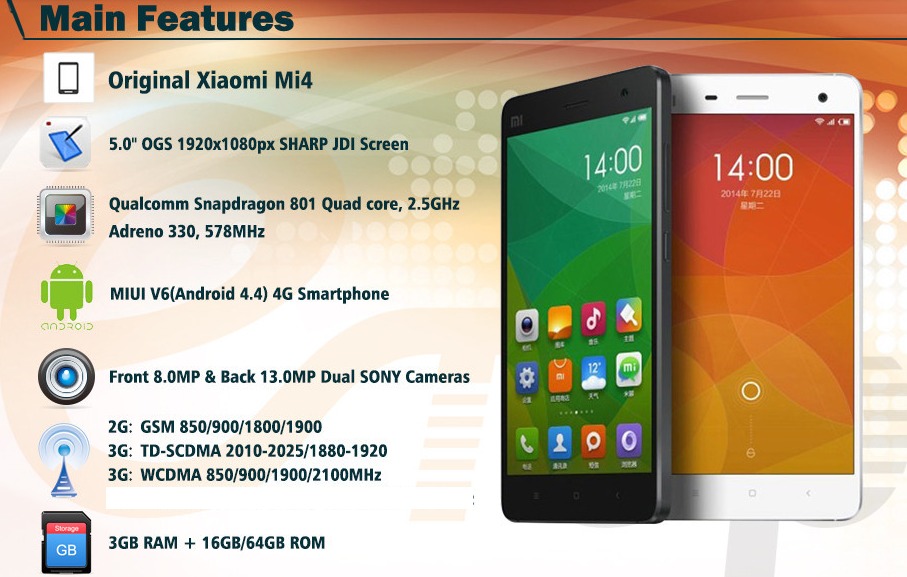 Specifications of Xiaomi Mi4 3G smartphone