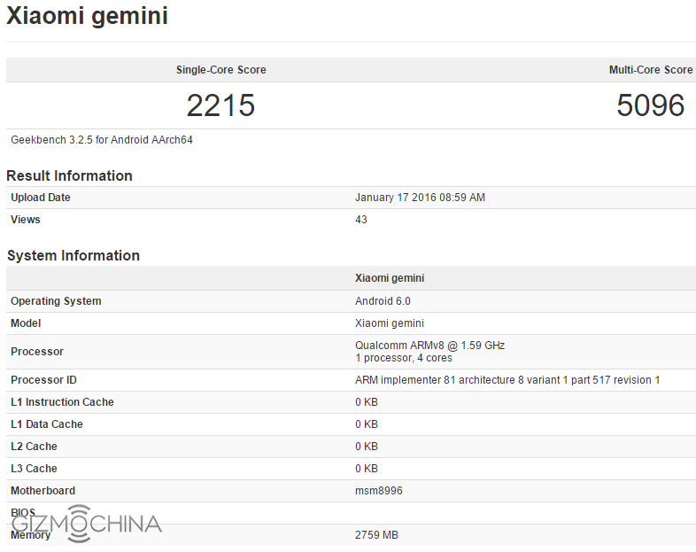 Xiaomi Gemini on Geekbench - 17 Jan 2016