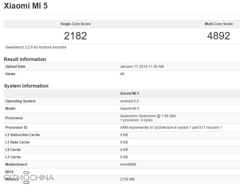Mi 5 On Geekbench - 17 Jan 2016