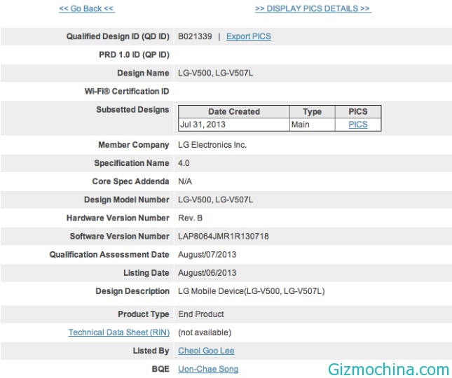 Two new LG devices spotted as number model V500/V507L