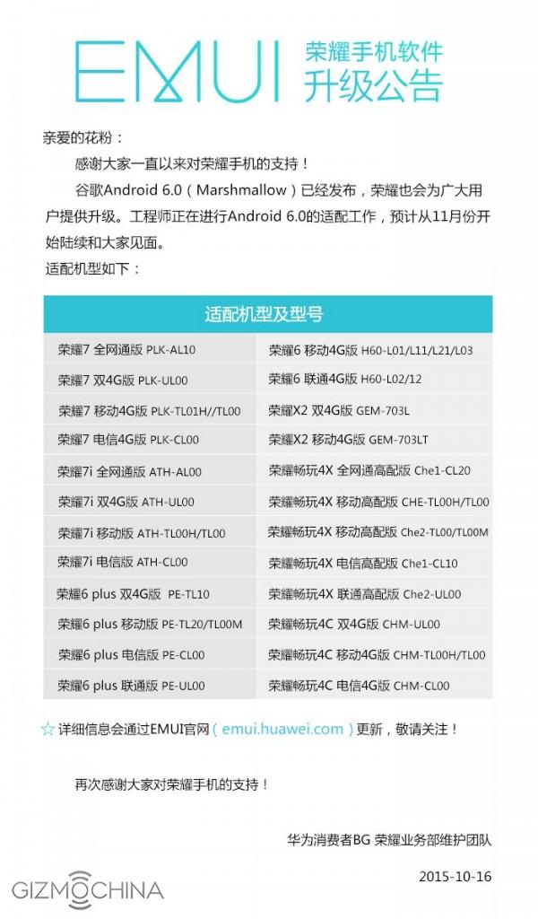 huawei honor android 6.0 marshmallow update confirmed
