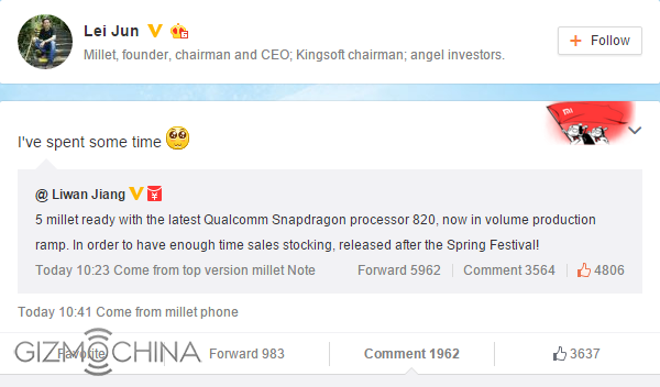 xiaomi mi 5 snapdragon 820 confirmed