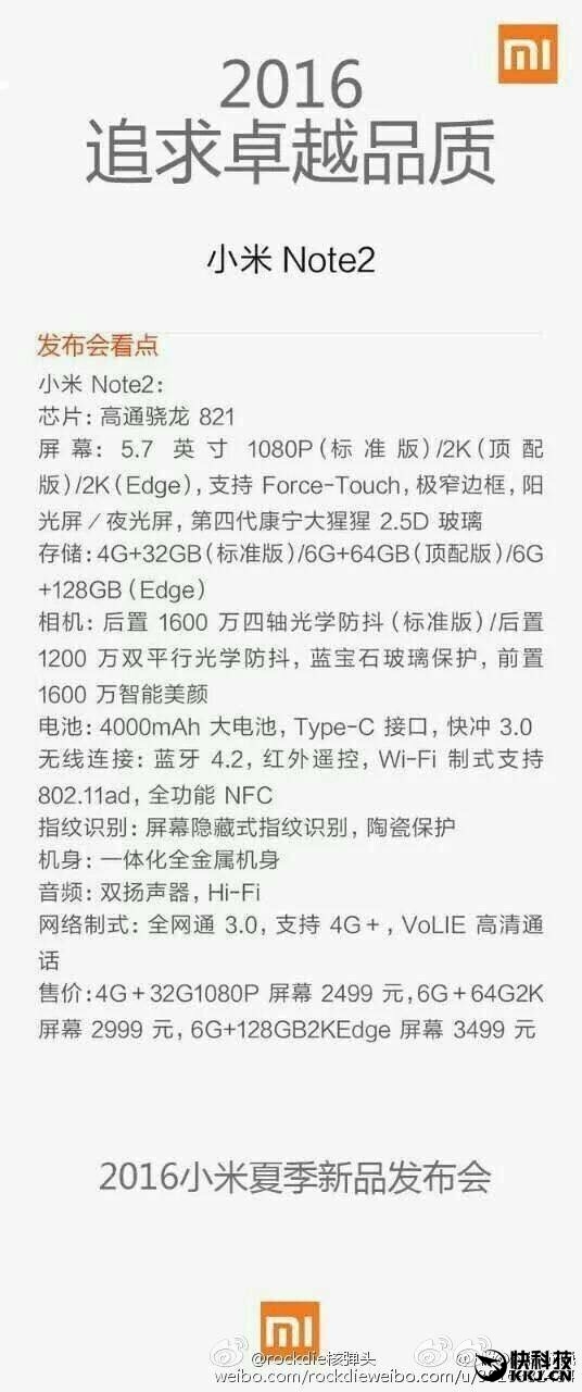 Mi Note 2 spec sheet