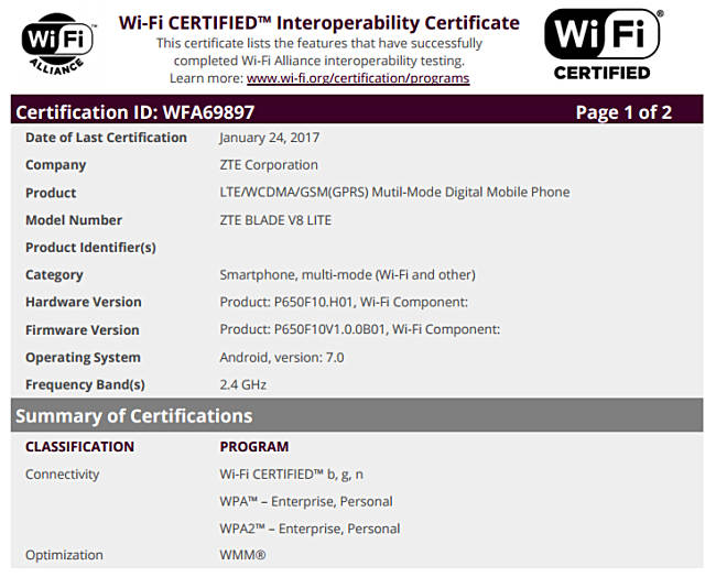 Blade V8 Lite WiFi Certification