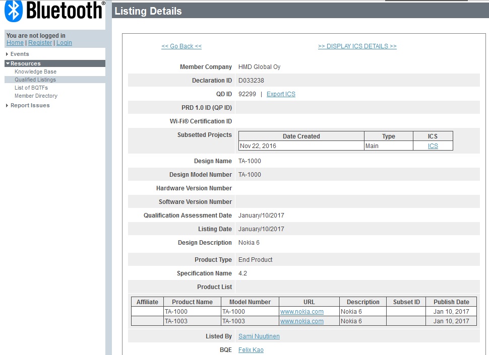 Nokia 6 Bluetooth SIG