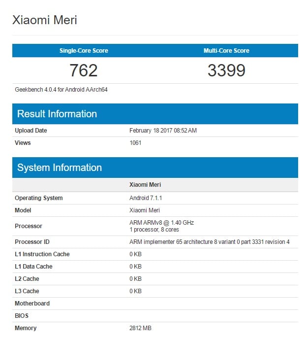 Xiaomi Mi 5C ‘Meri’ Geekbench 2