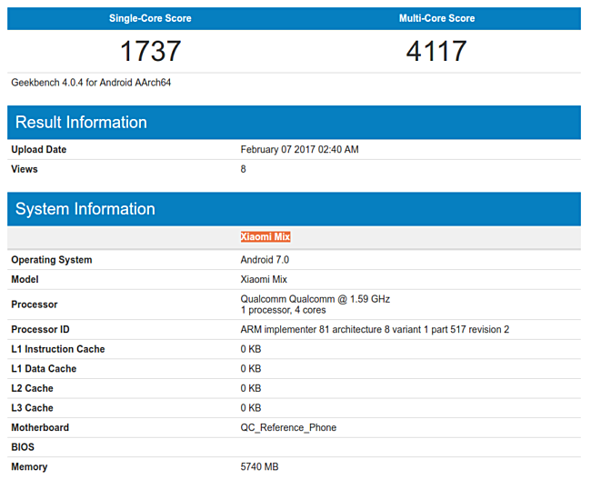 xiaomi mi mix geekbench