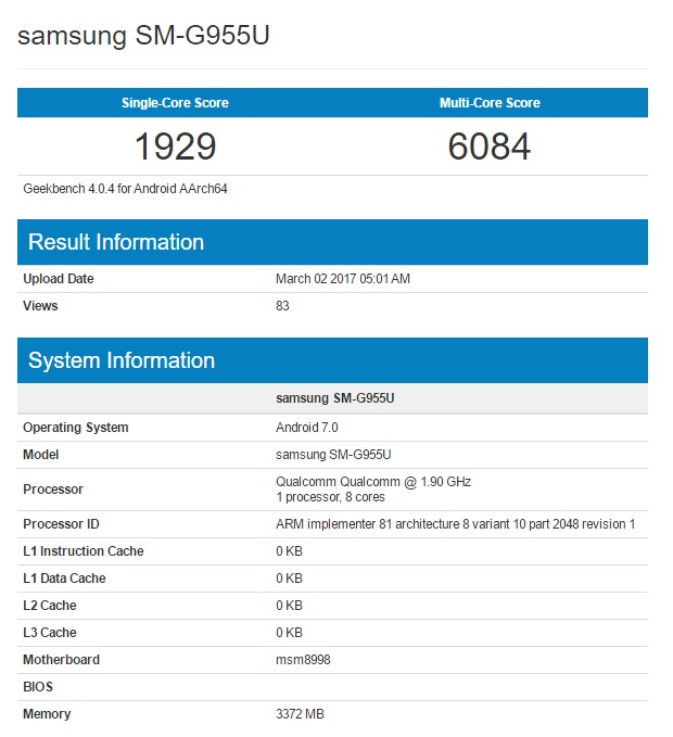 Samsung Galaxy S8 Plus geekbench