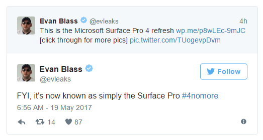 Microsoft Surface Pro 4 Refresh tweet Evan Blass