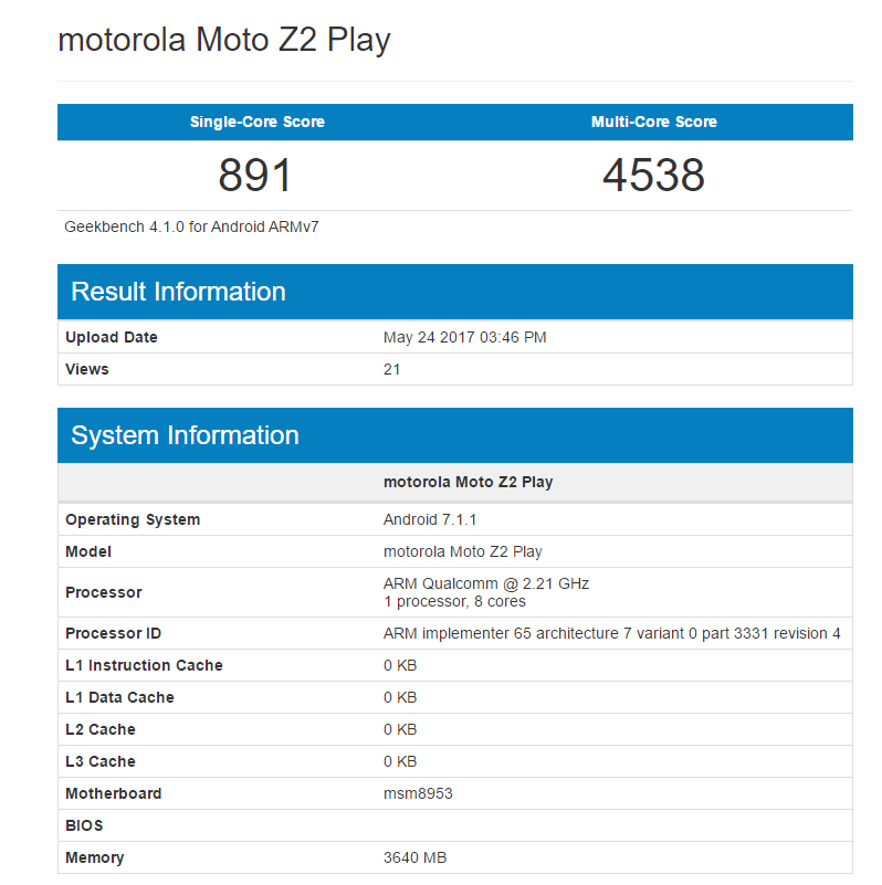 Moto Z2 Play Geekbench
