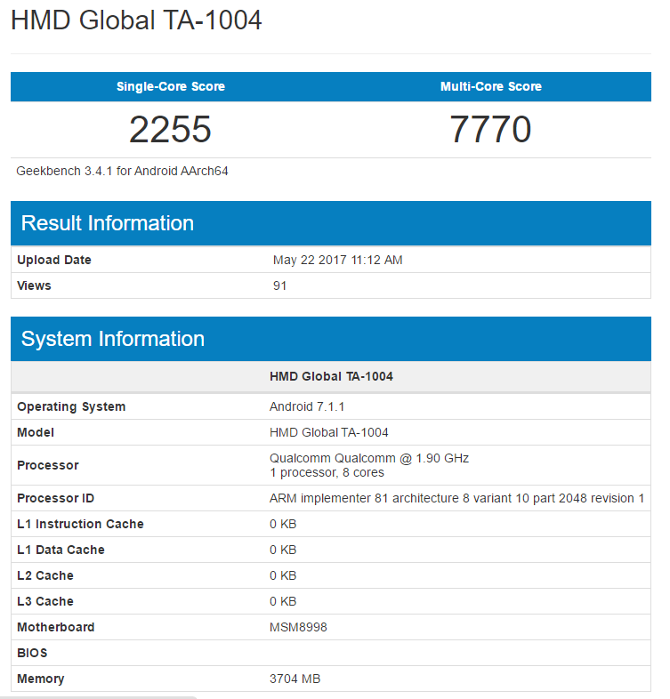 Nokia 9 Geekbench