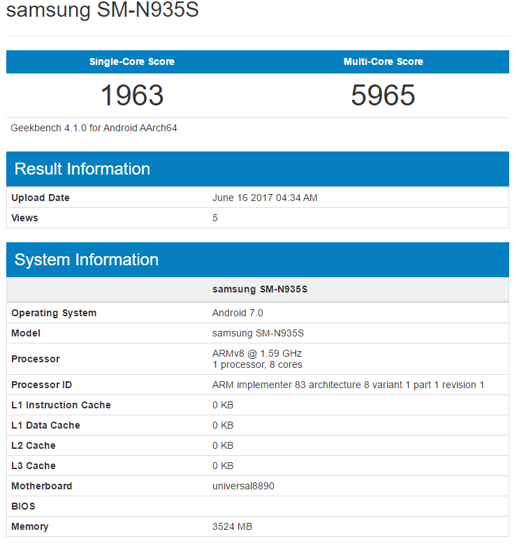 Galaxy Note 7 FE Geekbench