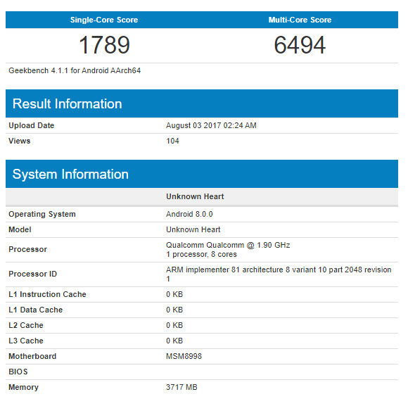 nokia 8 geekbench, android 8.0
