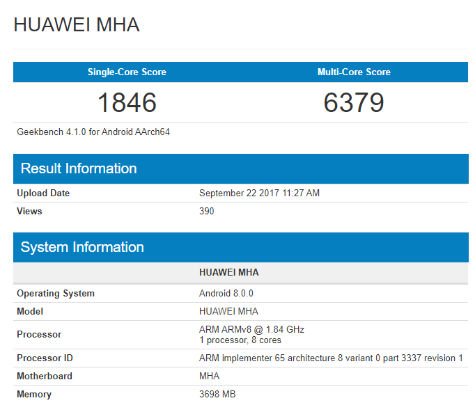Huawei Mate 9 geekbench Android O