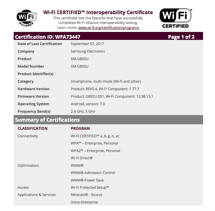 Unlocked Galaxy S8 Active Wi-Fi Alliance Certification