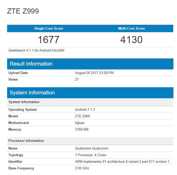 ZTE Z999 Axon Multy Geekbench