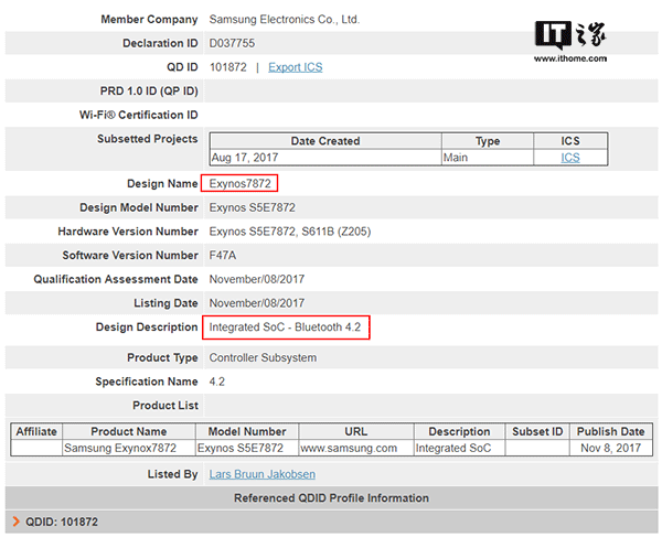 Exynos 7872 Bluetooth SIG