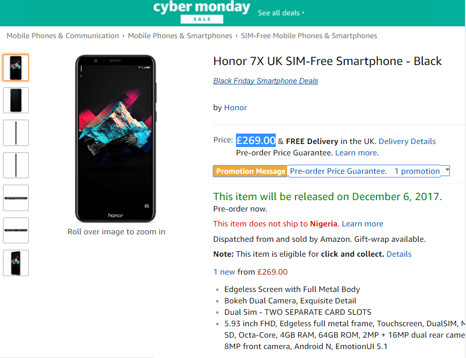 Honor 7X Amazon UK