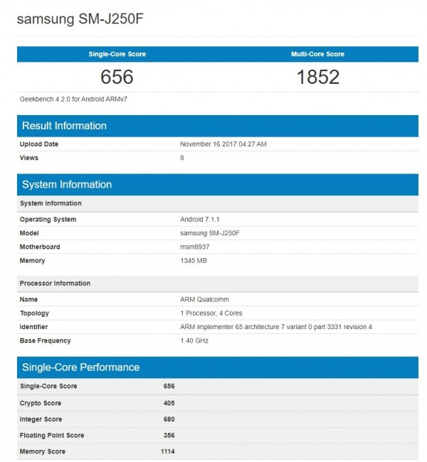 SM-J250F Galaxy J2 2017 Pro Geekbench