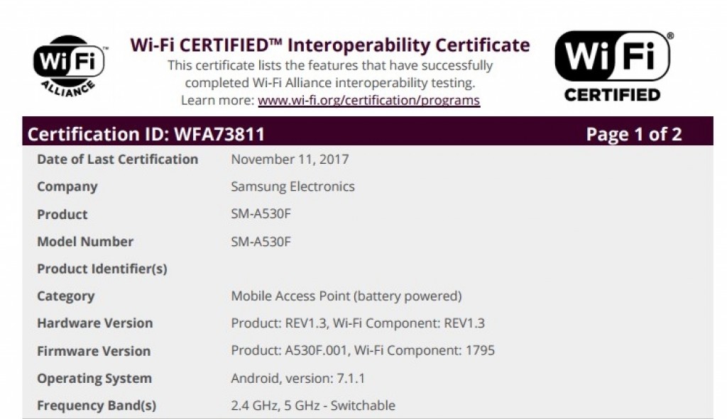 Samsung SM-A530F WiFi Alliance