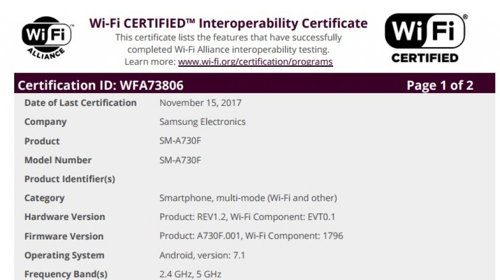 Samsung SM-A730F WiFi Alliance