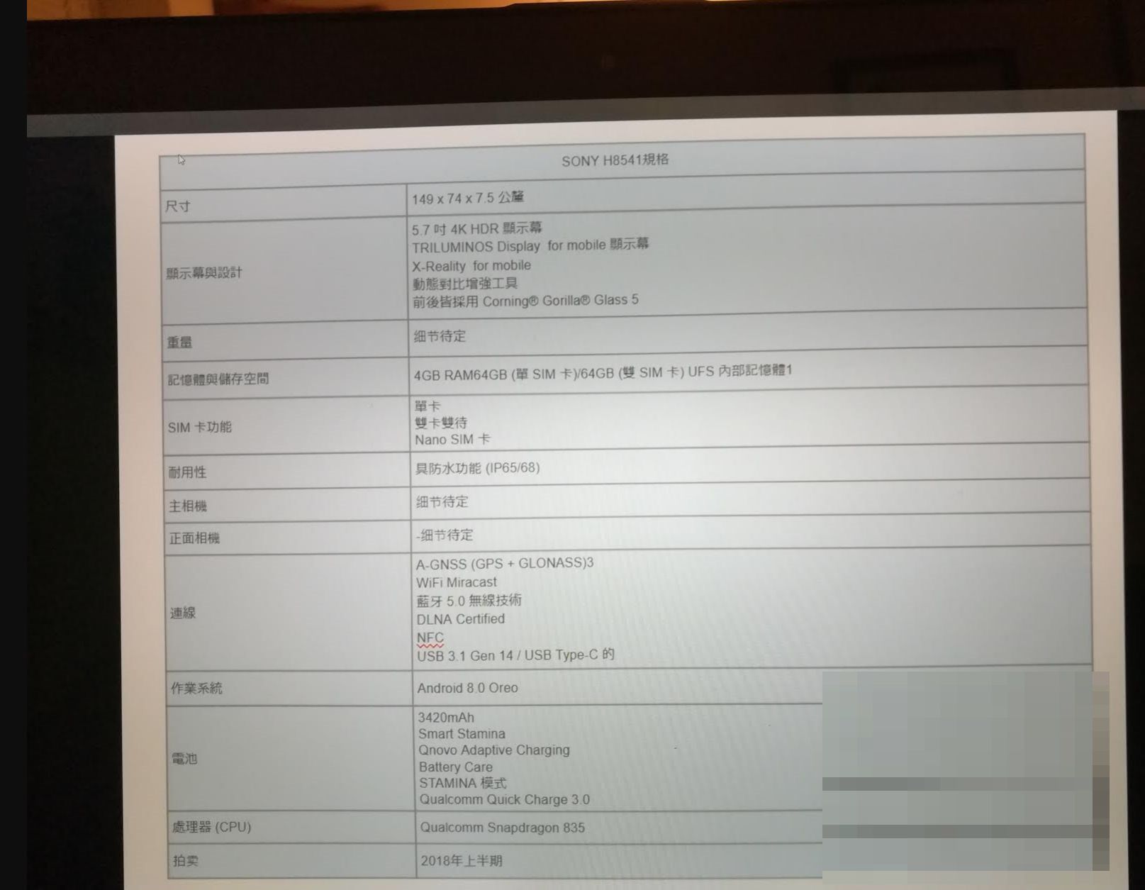 Sony H8541 Specs Leak