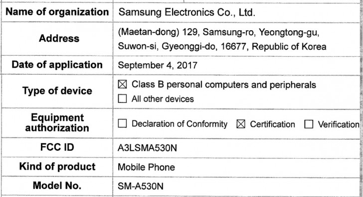 Samsung Galaxy A5 (2018) FCC