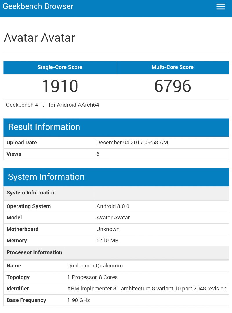 Nokia 9 Avatar Geekbench