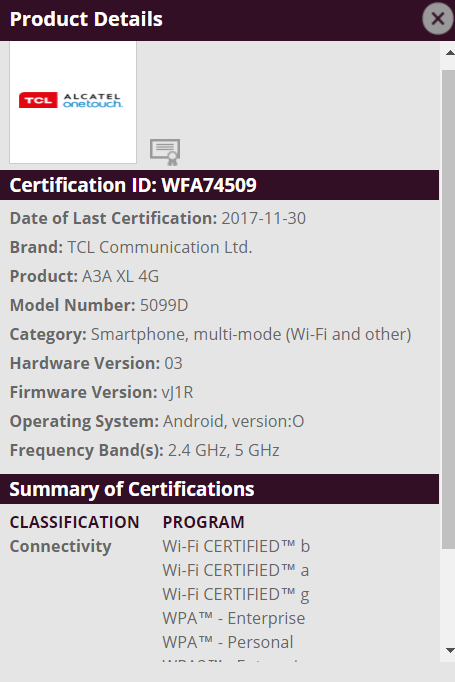 Alcatel A3A XL Wi-Fi Alliance