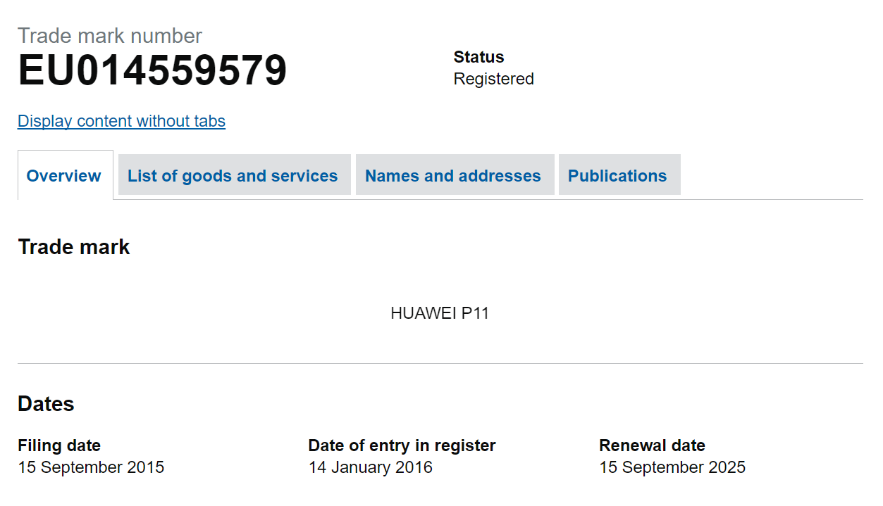 Huawei P11 Europe trademark