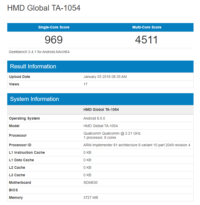 Nokia 6 (2018) geekbench