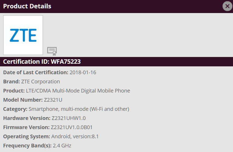 ZTE 4Z2321U Wi-Fi Alliance certification