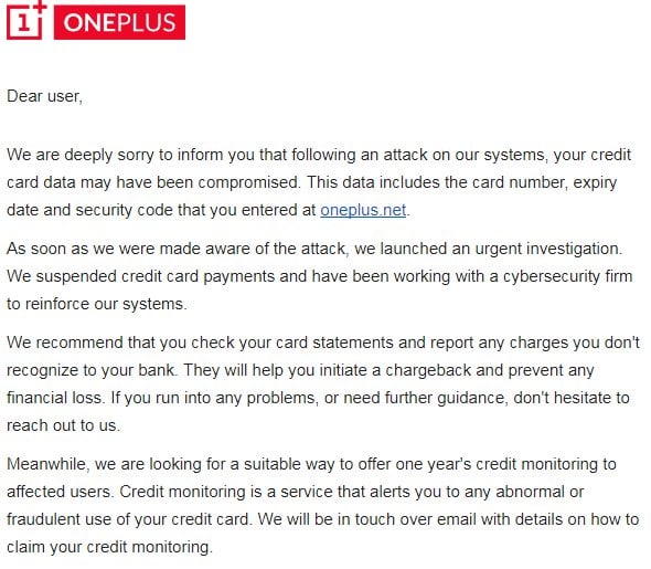 OnePlus Credit Card Breach Response