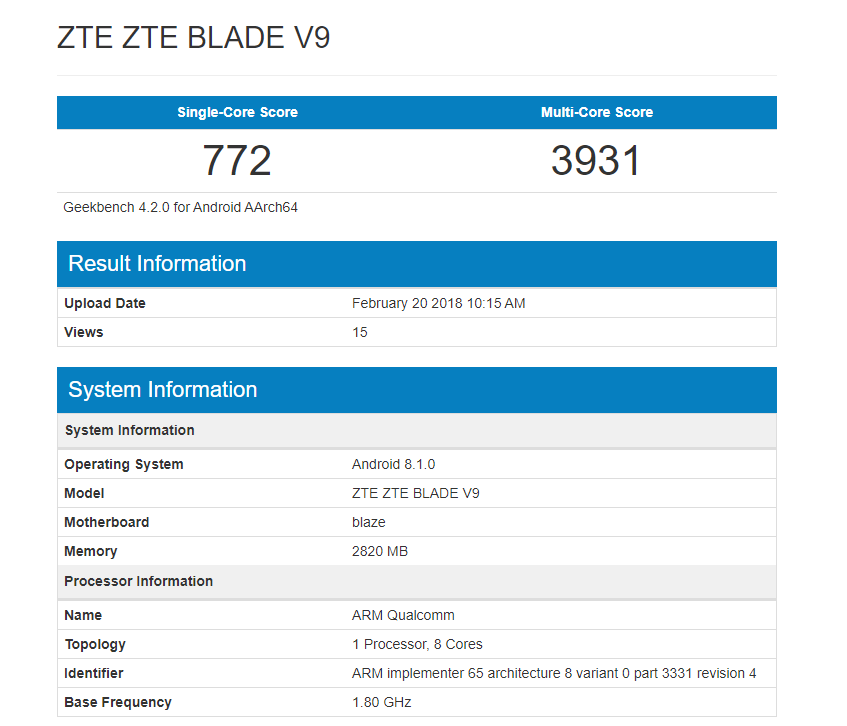 Blade V9 Geekbench