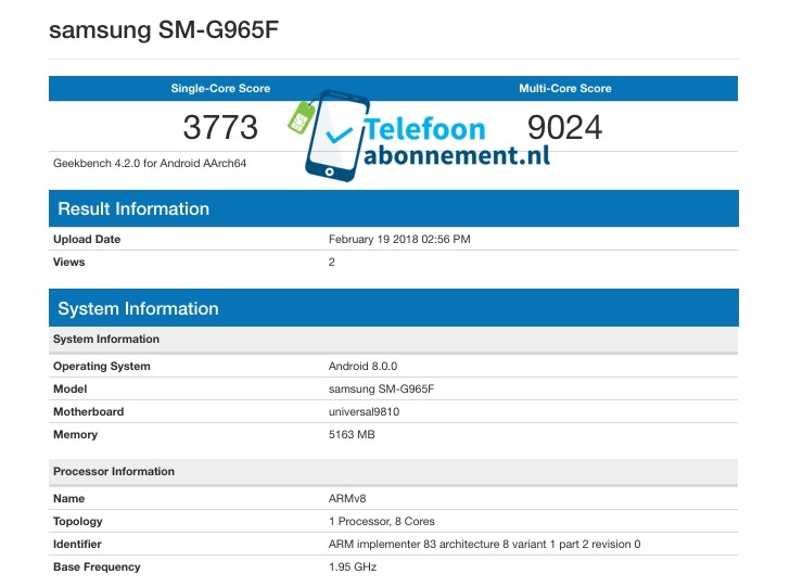 Exynos 9810 Galaxy S9+ Geekbench