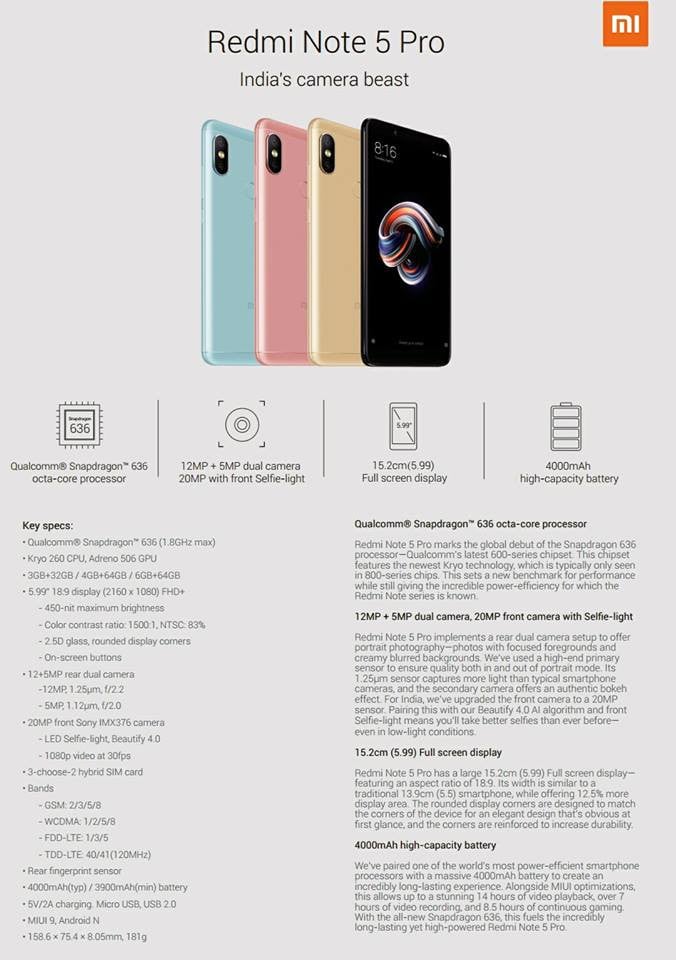 Xiaomi Redmi Note 5 Pro Specs