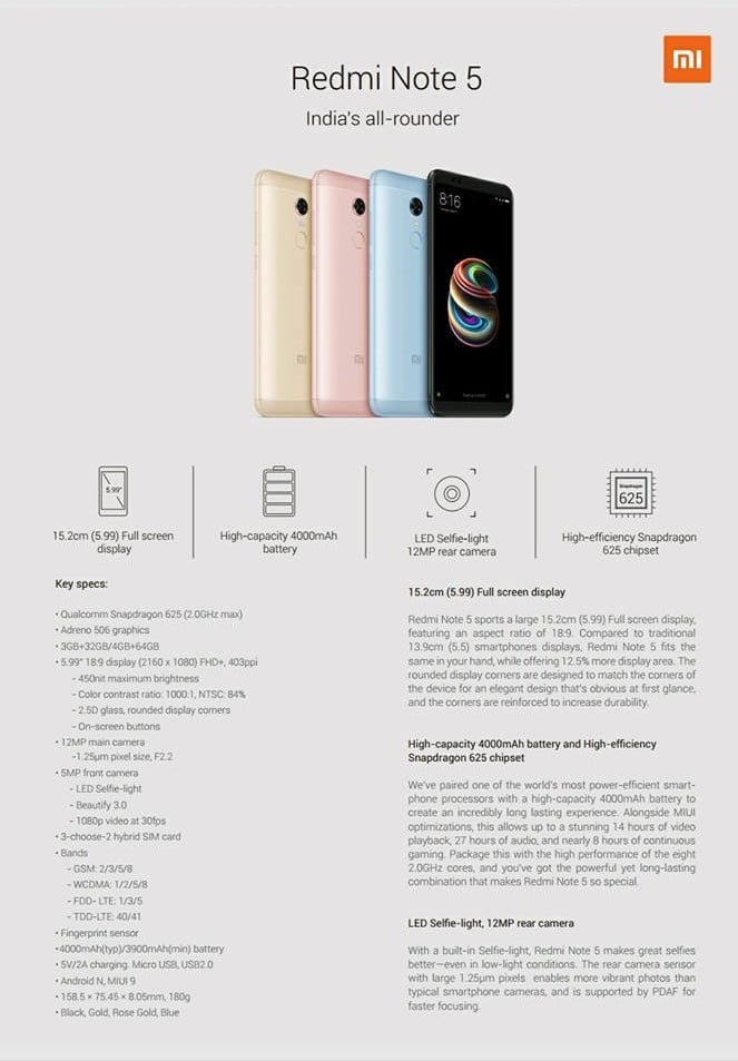 Xiaomi Redmi Note 5 Specs Leak