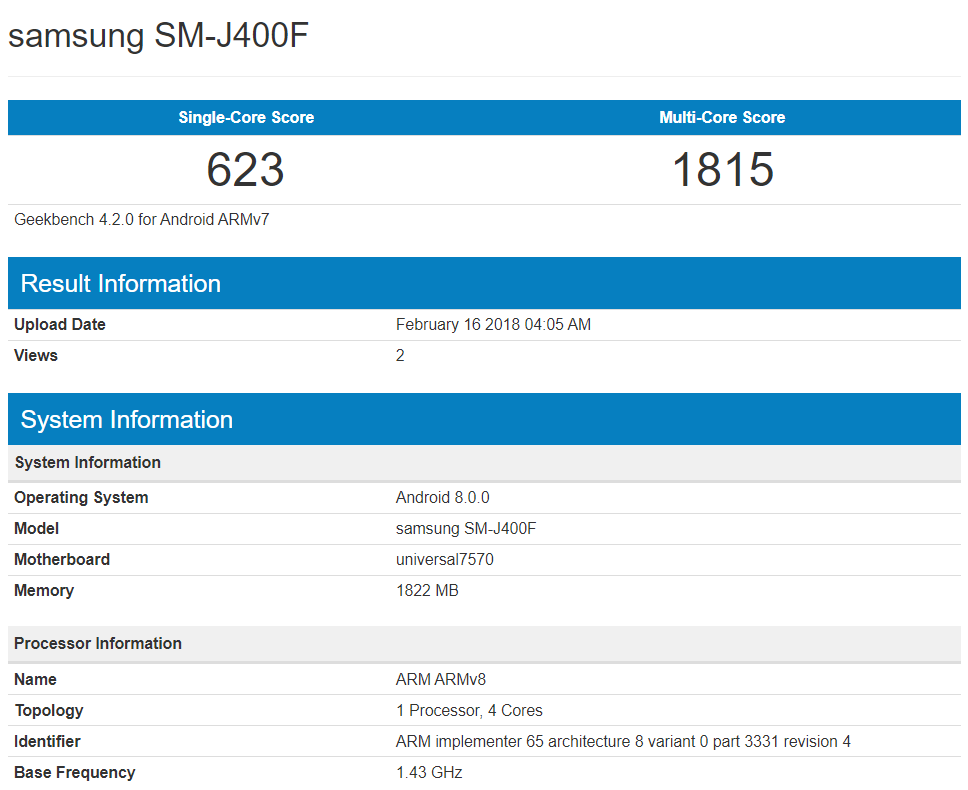 Samsung Galaxy J4 Geekbench