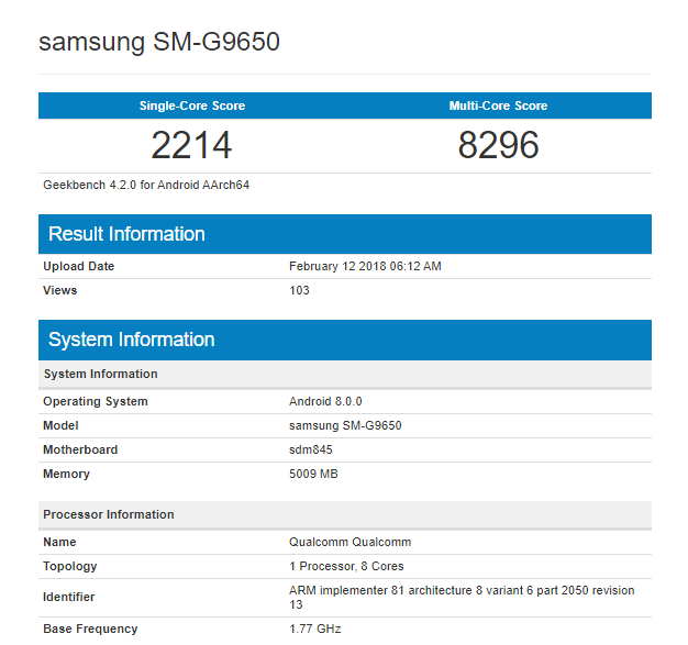 Samsung Galaxy S9 Geekbenc Snapdragon 845