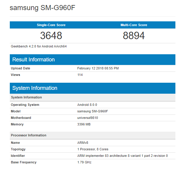 Samsung Galaxy S9 Geekbench Exynos 9810