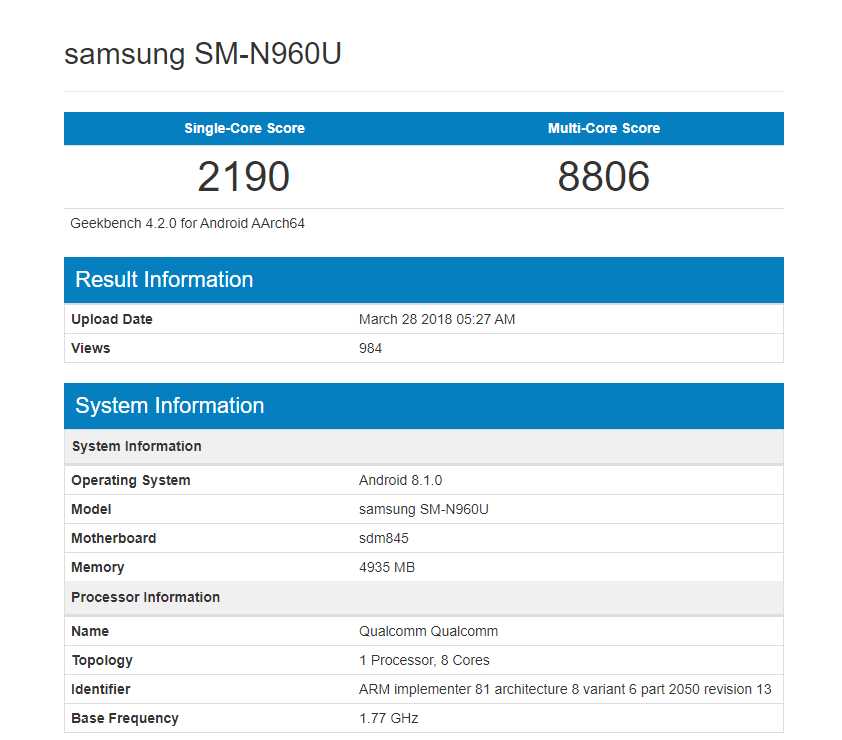 Galaxy Note 9 Geekbench