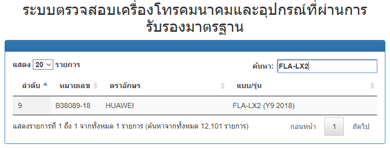 Huawei Y9 2018 Thailand Approval