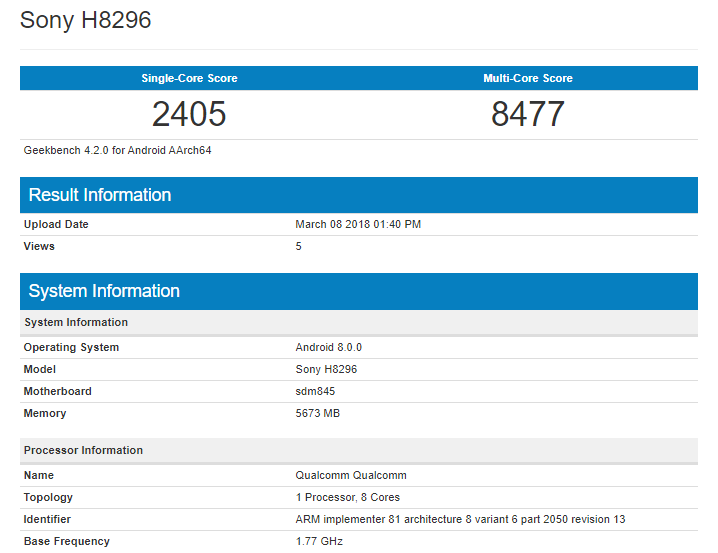Sony Xperia XZ2 H8296 Geekbench 6 GB RAM