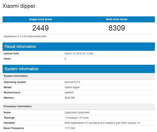 Xiaomi Mi 7 Xiaomi Dipper Geekbench