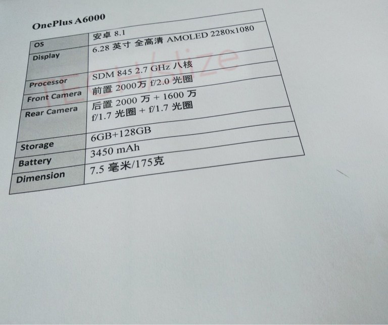 OnePlus 6 Specs Leak