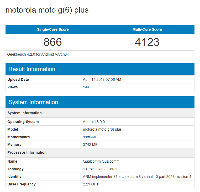 Moto G6 Plus Geekbench
