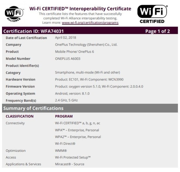 OnePlus 6 WiFi Certification