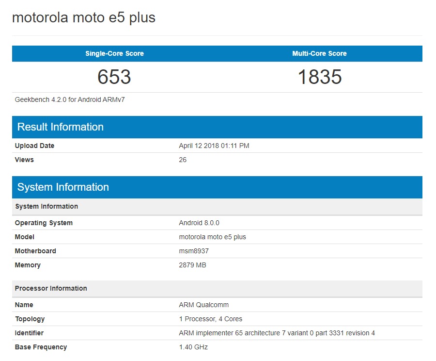 Moto E5 Plus Geekbench