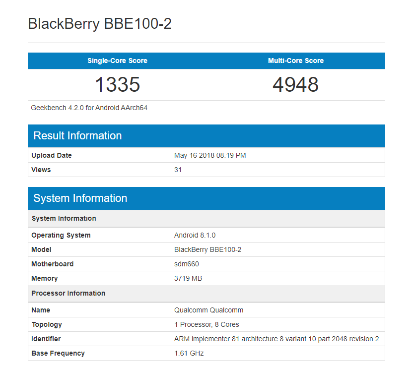 Blackberry BBE100-2 (BlackBerry KEY² LE) Geekbench