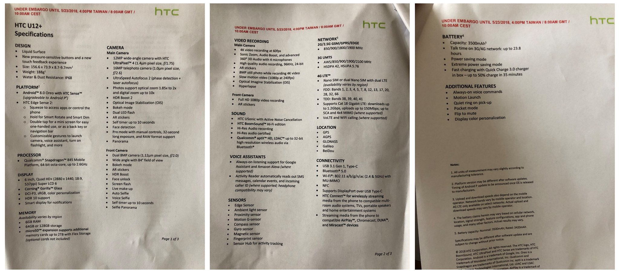 HTC U12+ specs